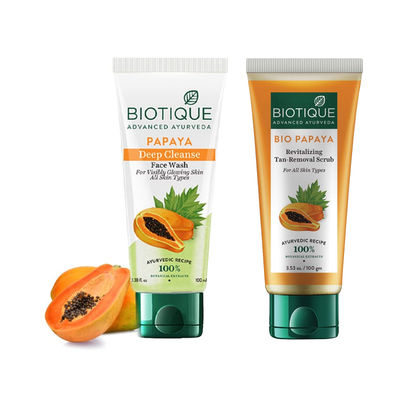 Biotique Papaya Tan Removal Brightening & Revitalizing Face Scrub Tube(100gms) & Biotique Papaya Deep Cleanse Face Wash(100ml) Combo 